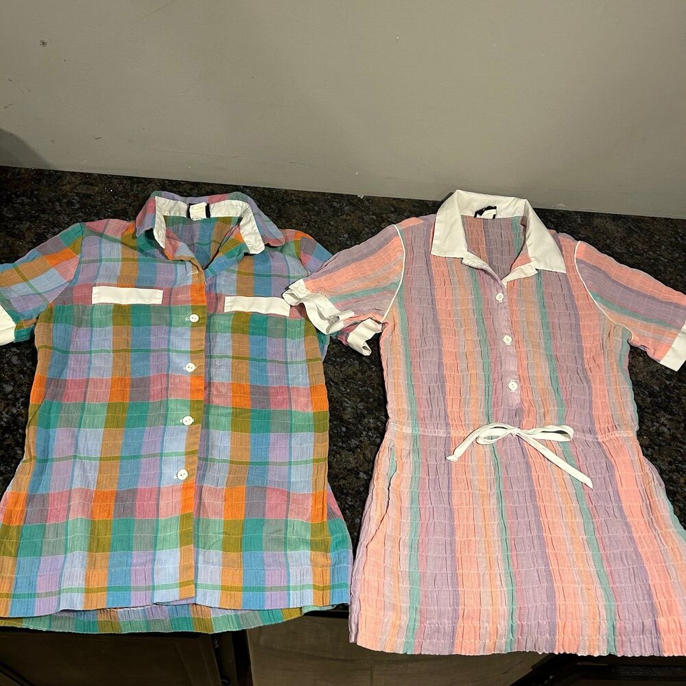 Lot of 2 Vintage Work Force by Barco Uniform Tops Plaid white cuffs XS Womens